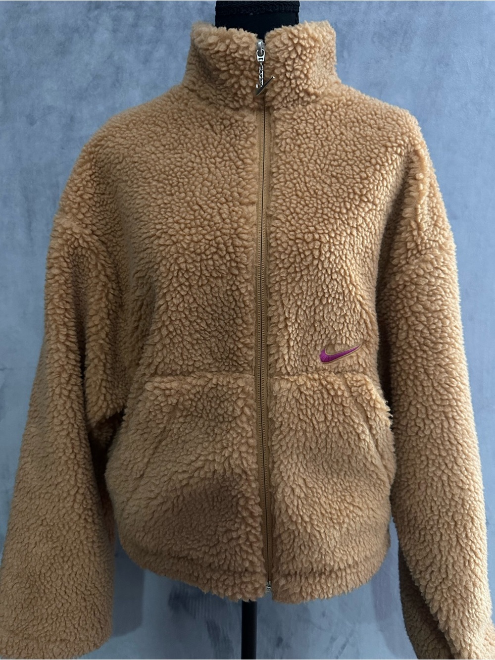 Nike Tan Teddy Sherpa Zip Jacket with Purple Swoosh - 1019